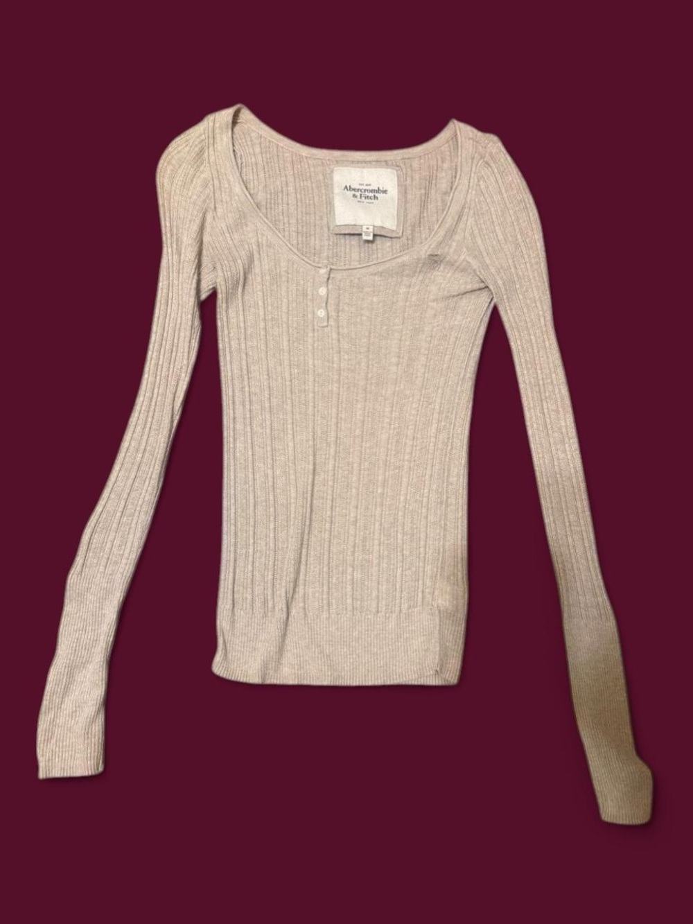 Abercrombie & Fitch Gray Ribbed Scoop-Neck Henley Long Sleeve Sweater
